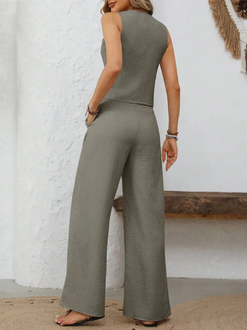 Mila V-Neck Button Down Vest Two Piece Sets