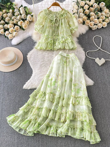 Amelia Floral Print Ruffle Hem Two Piece Sets