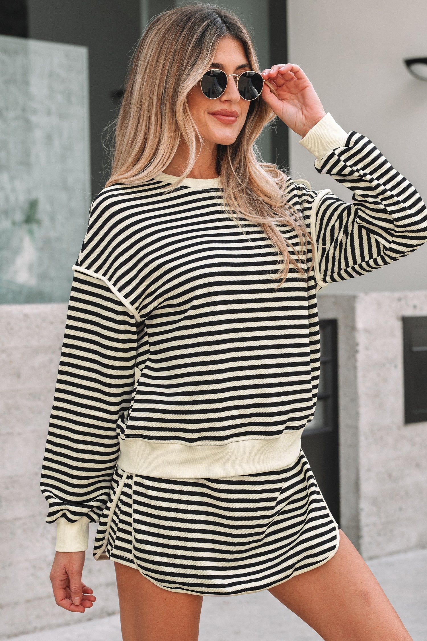 Isabella Stripe Textured Pullover Two Piece Sets