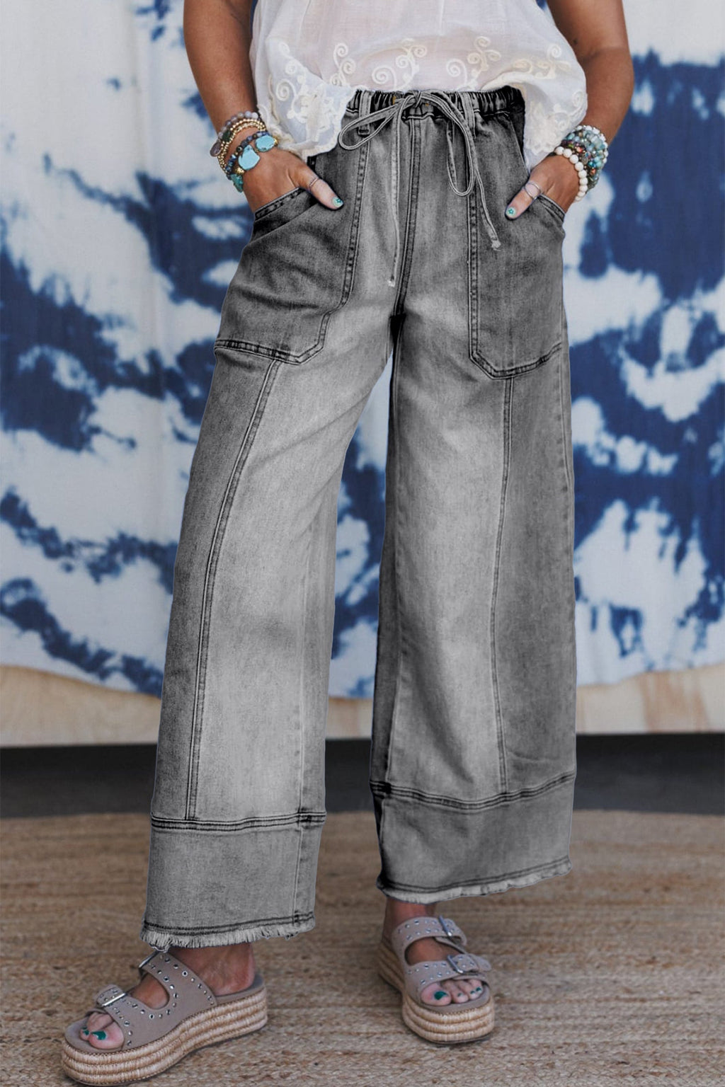 Prussian Blue Drawstring Seam Detail Raw Hem Wide Leg Denim Pants