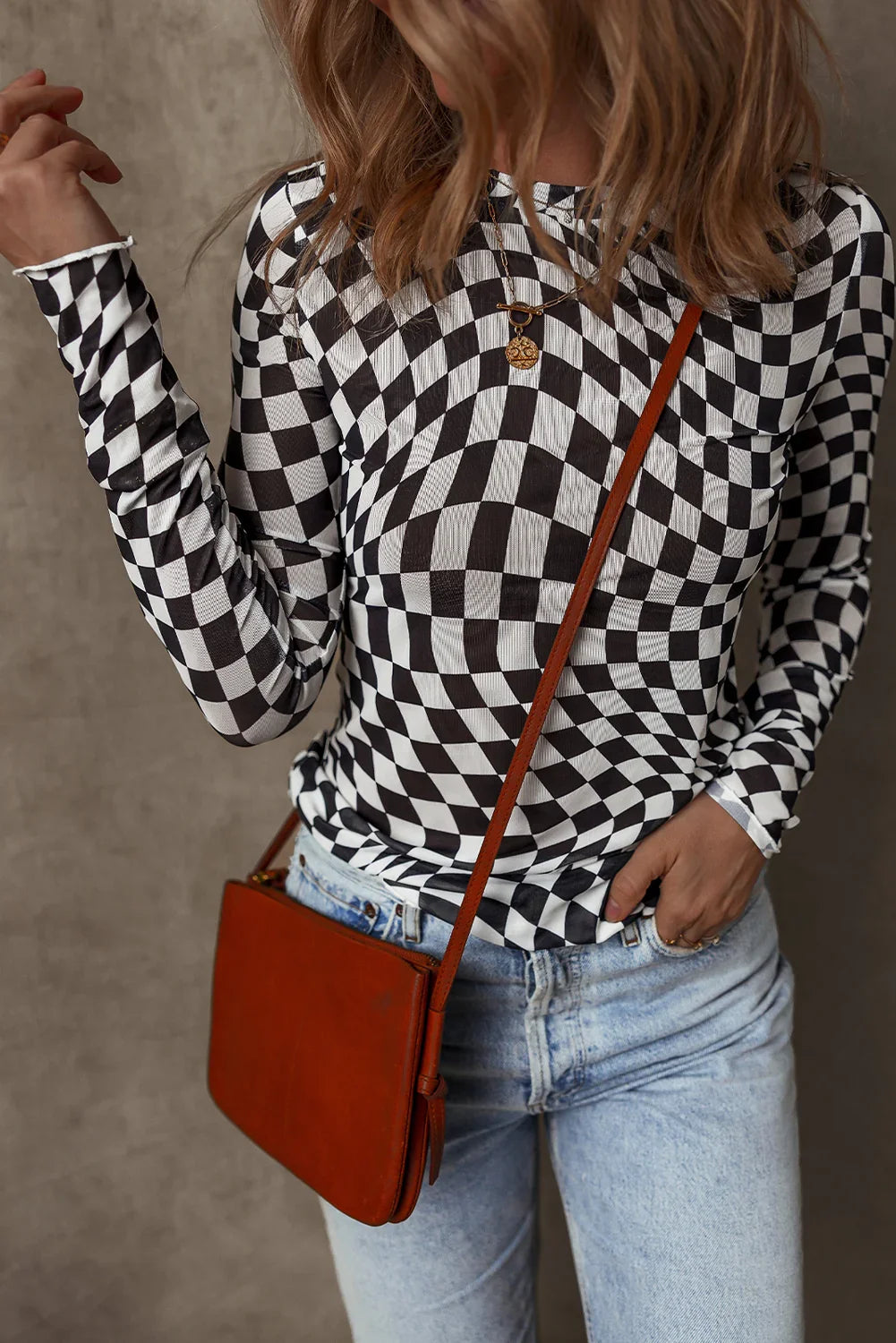 Carla Black Checkered Pattern Mesh Mock Neck Long Sleeve Top