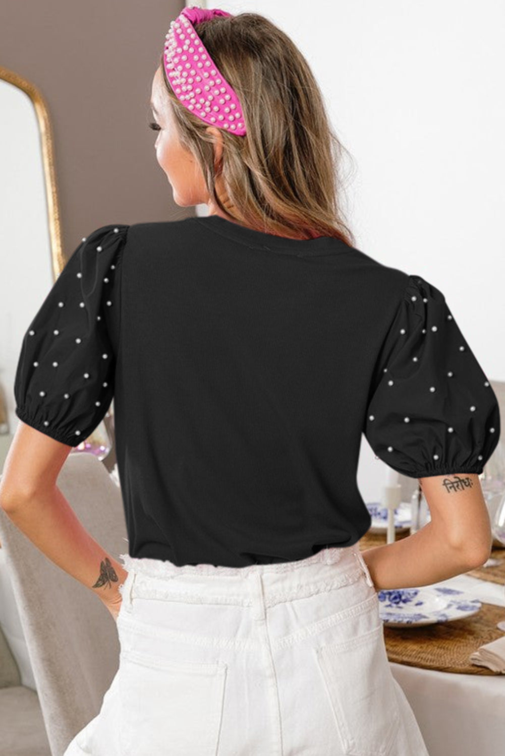Bright Pearl Beaded Puff Sleeve