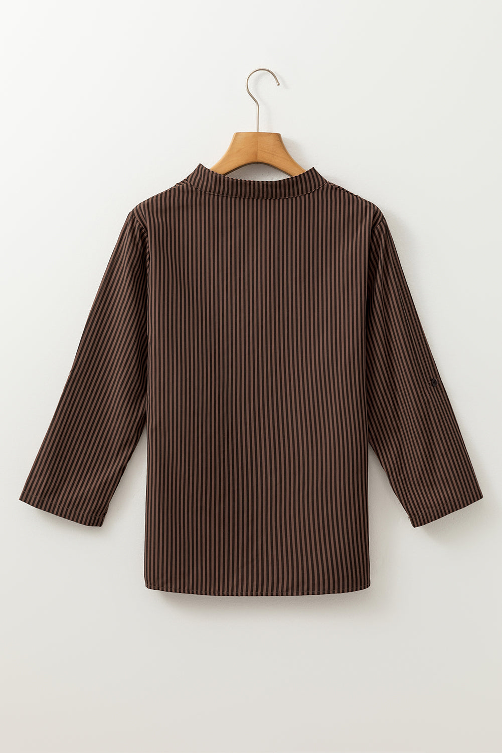 Brown Stripe V Neck Roll Up Sleeve Pocket Classic