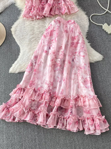 Amelia Floral Print Ruffle Hem Two Piece Sets