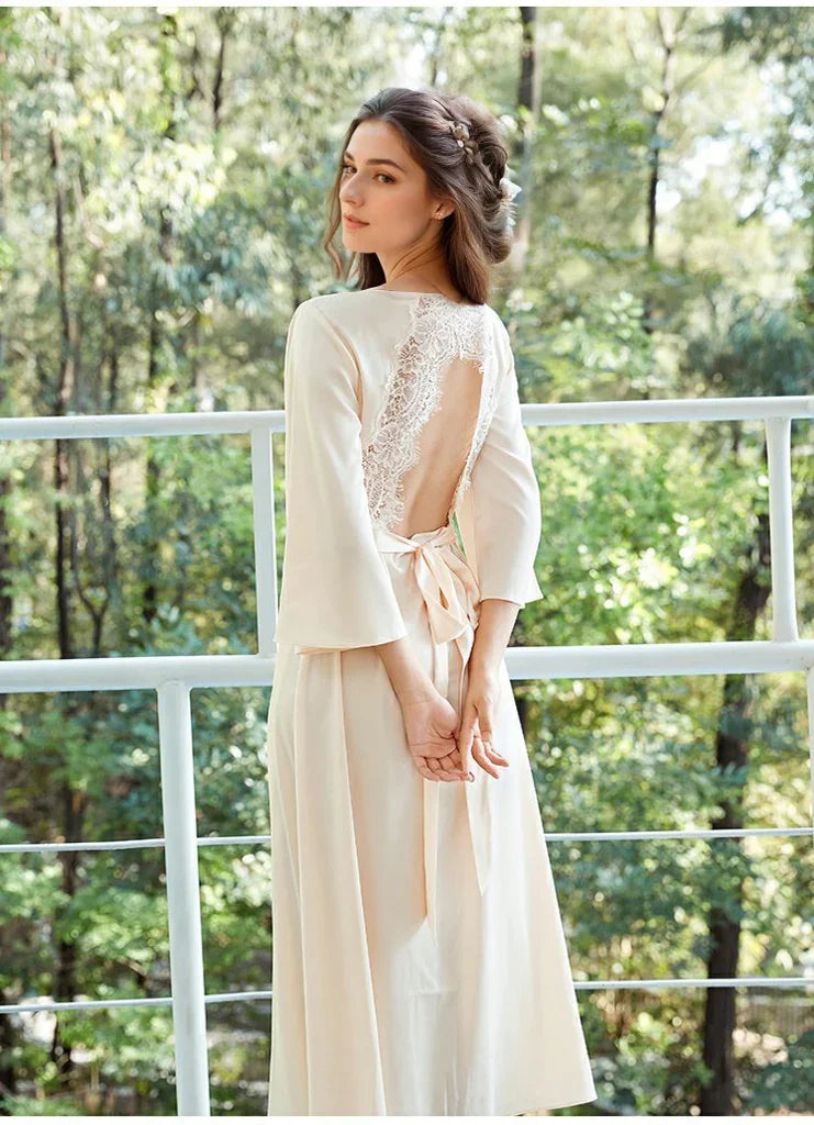 Elegant Lace Keyhole Open Back Soft Satin Robe with Slit