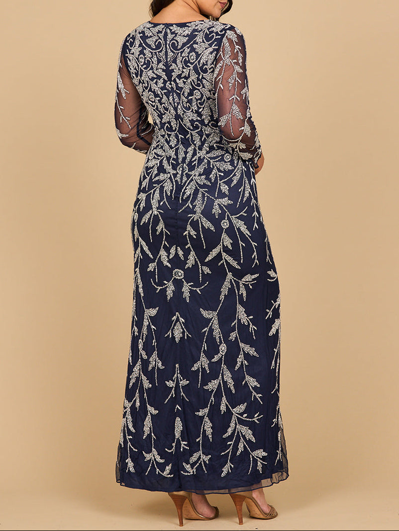 El Cachon Long Sleeve Contrast Beaded Gown