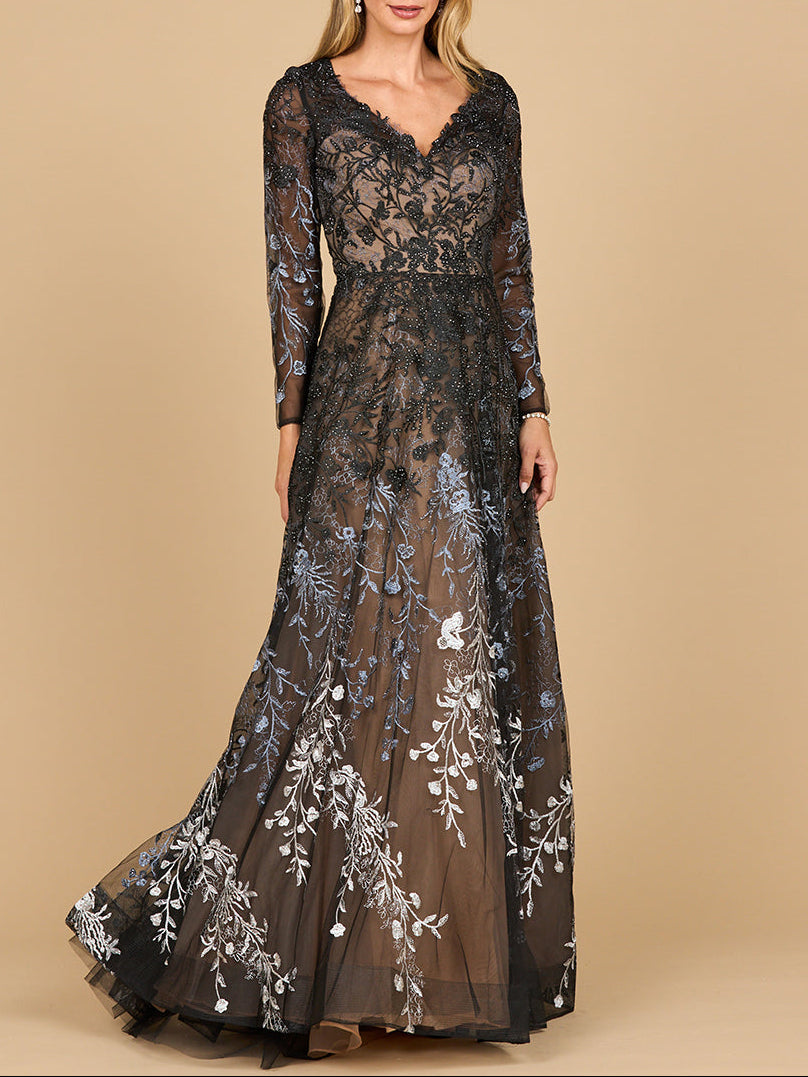 Your Care Long Sleeve V-Neck Ombre Lace Gown Dress