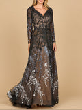Your Care Long Sleeve V-Neck Ombre Lace Gown Dress
