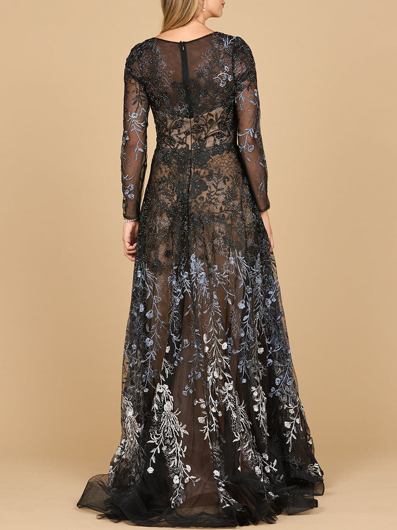 Your Care Long Sleeve V-Neck Ombre Lace Gown Dress