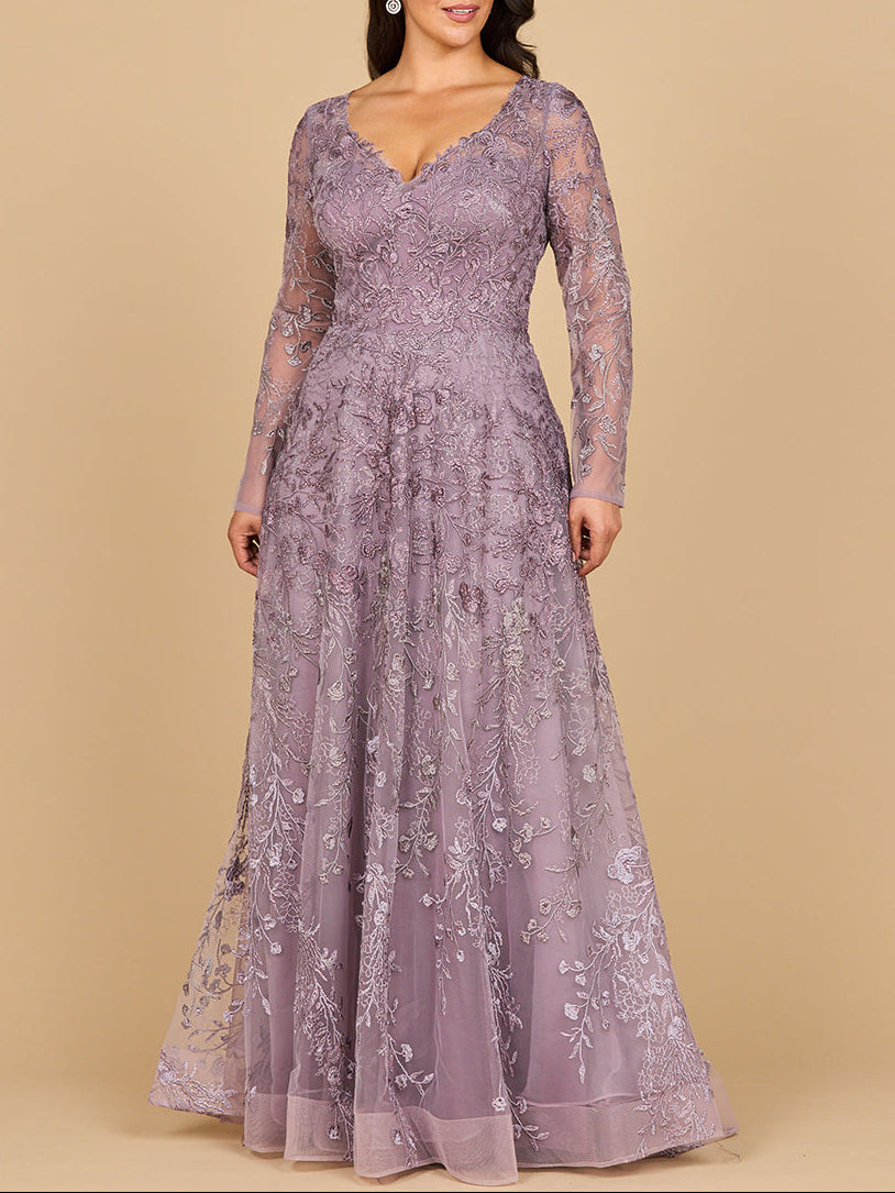 Your Care Long Sleeve V-Neck Ombre Lace Gown Dress
