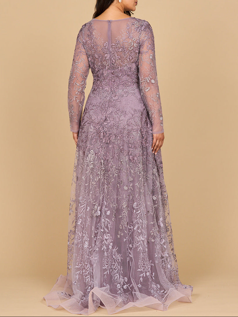 Your Care Long Sleeve V-Neck Ombre Lace Gown Dress