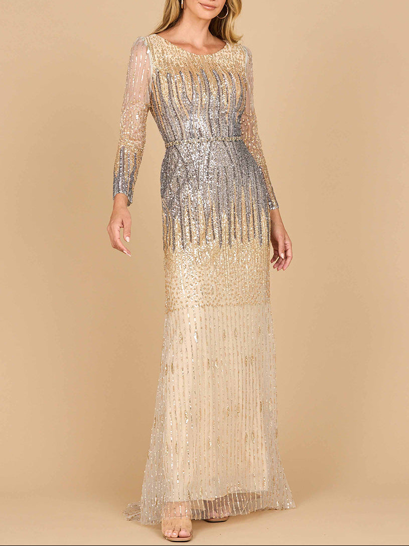 Gradient Mermai Beaded Long Sleeve Gown Dress