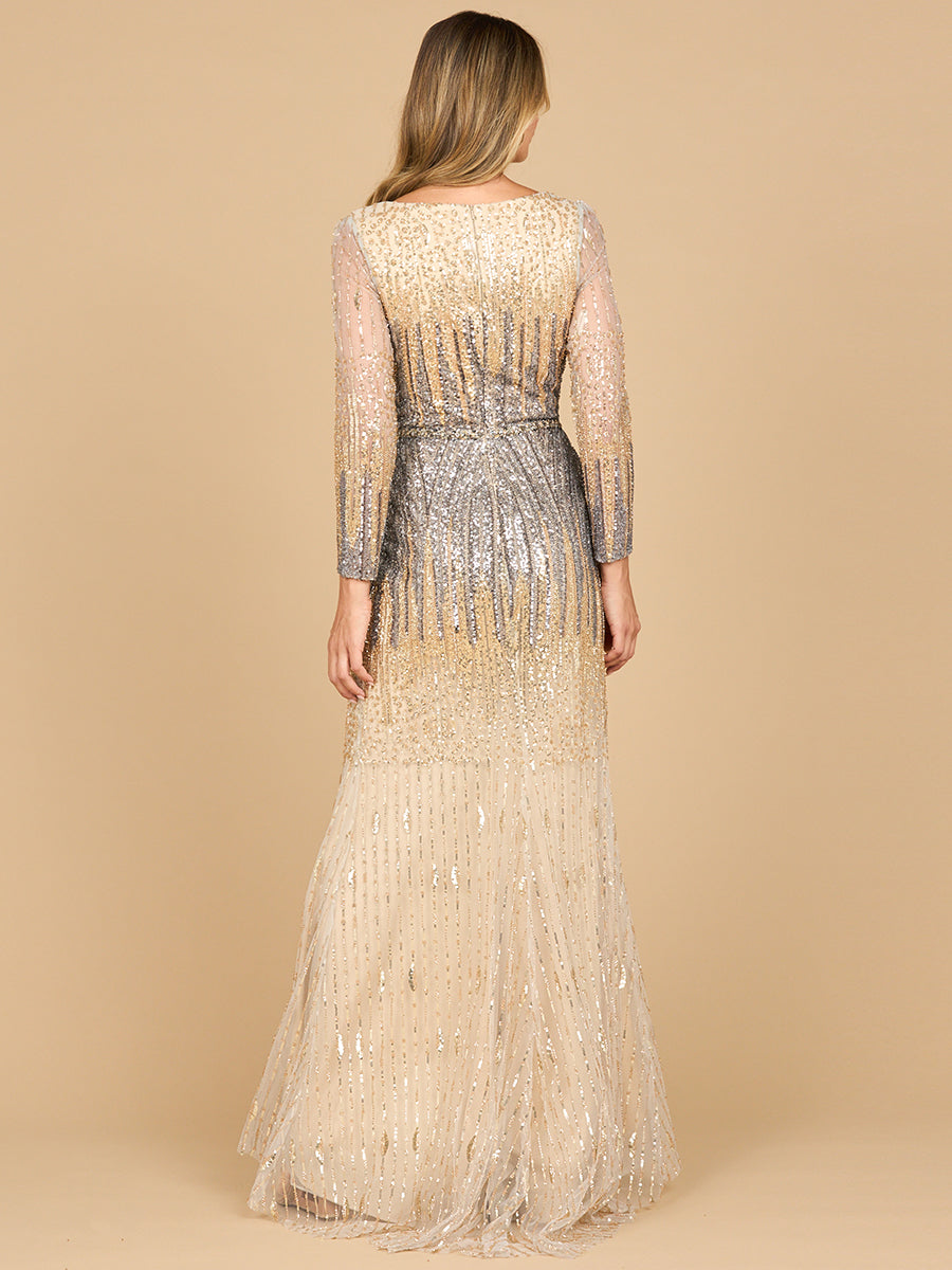 Gradient Mermai Beaded Long Sleeve Gown Dress
