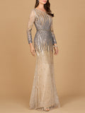 Gradient Mermai Beaded Long Sleeve Gown Dress