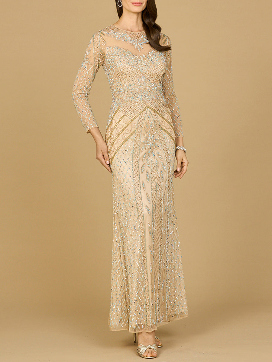 Le Belle Illusion Neck Long Sleeve Beaded Gown Dress