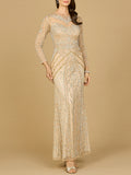 Le Belle Illusion Neck Long Sleeve Beaded Gown Dress