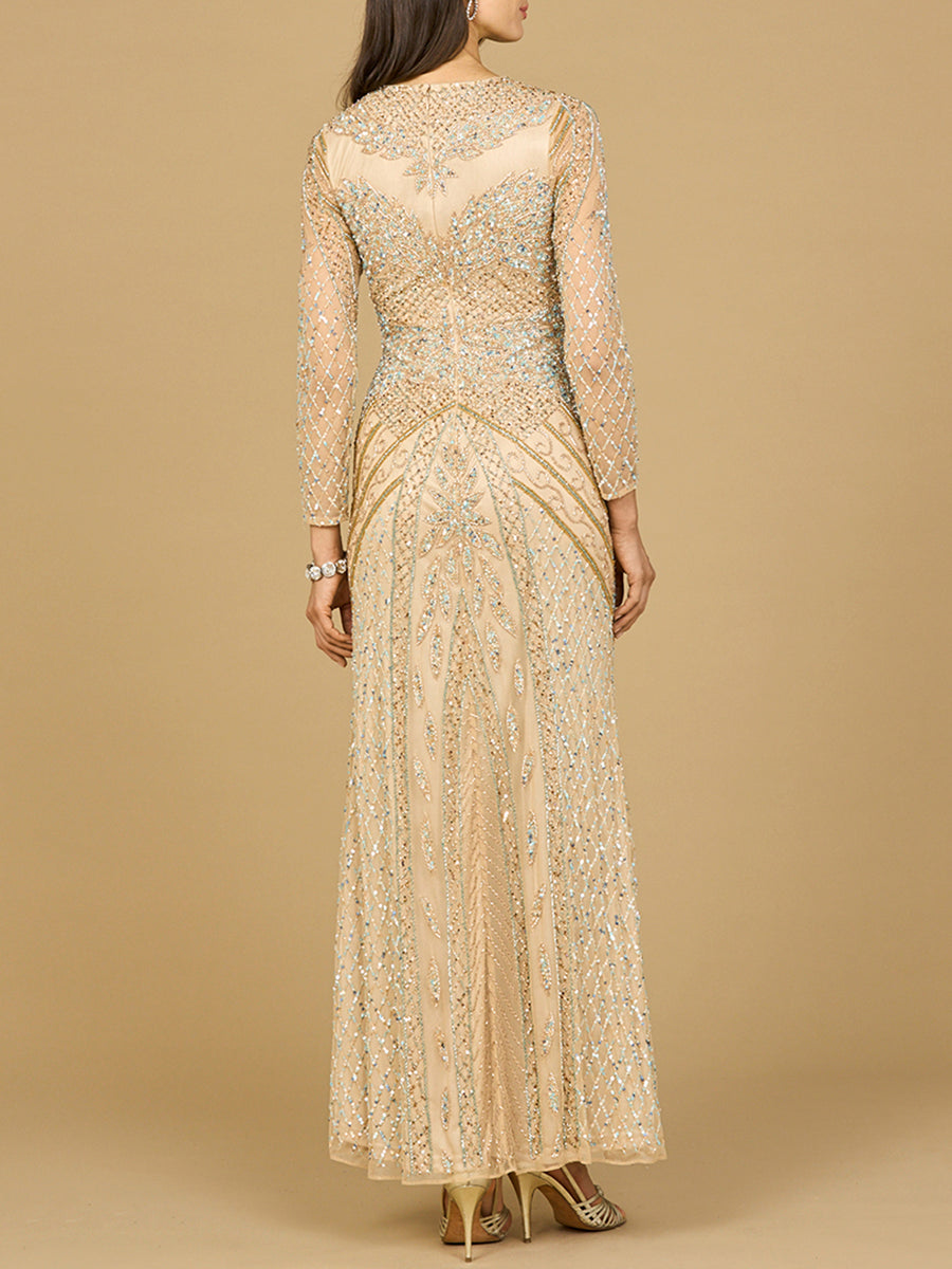 Le Belle Illusion Neck Long Sleeve Beaded Gown Dress
