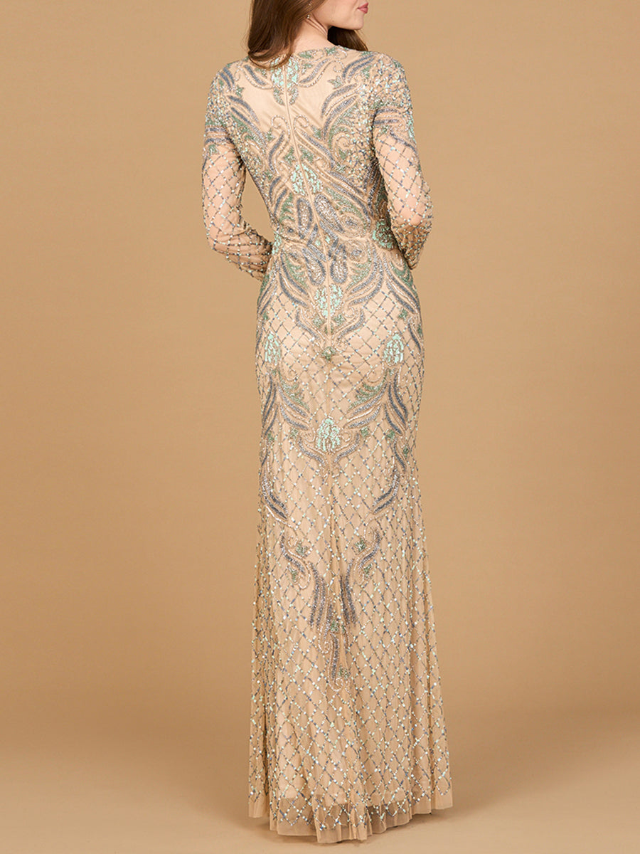 Altus Magnate Long Sleeve Beaded Gown Dress