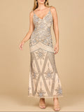 Barrio La Caleta Contrast Beaded V-Neck Fitted Gown