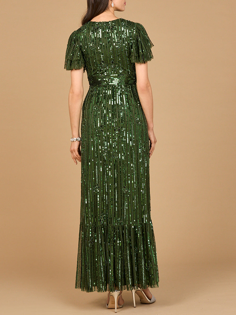 Elegant Beaded Gown with Flutter Sleeves Dress
