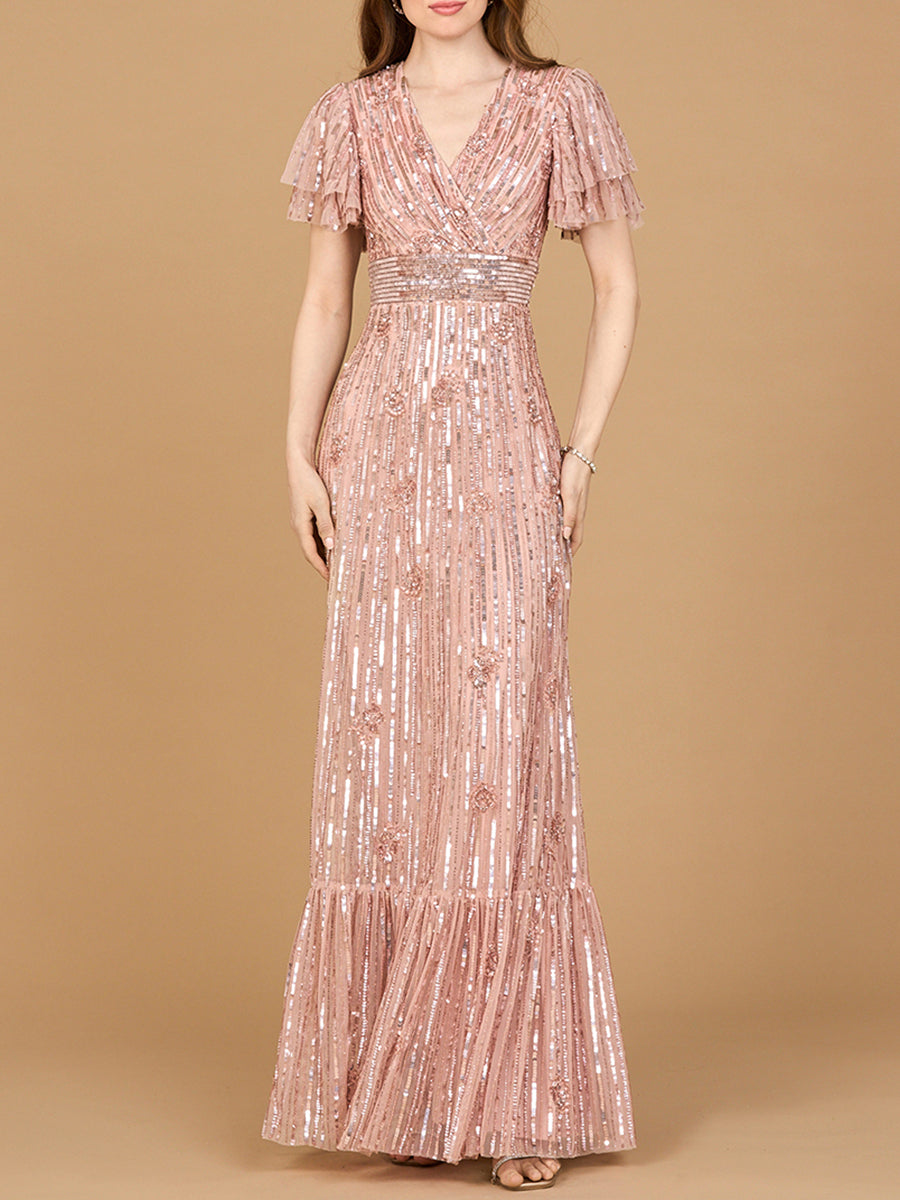 Elegant Beaded Gown with Flutter Sleeves Dress