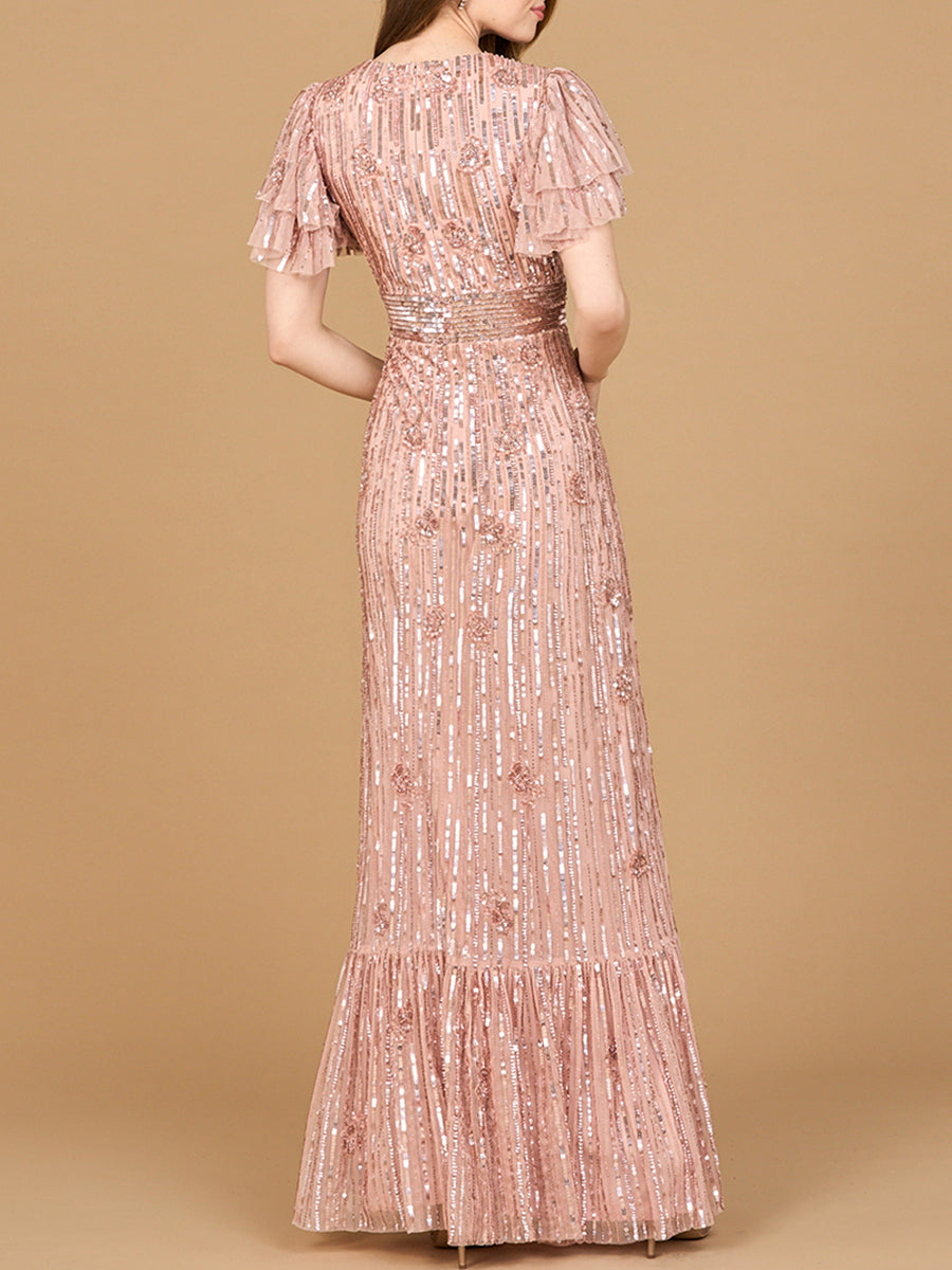 Elegant Beaded Gown with Flutter Sleeves Dress