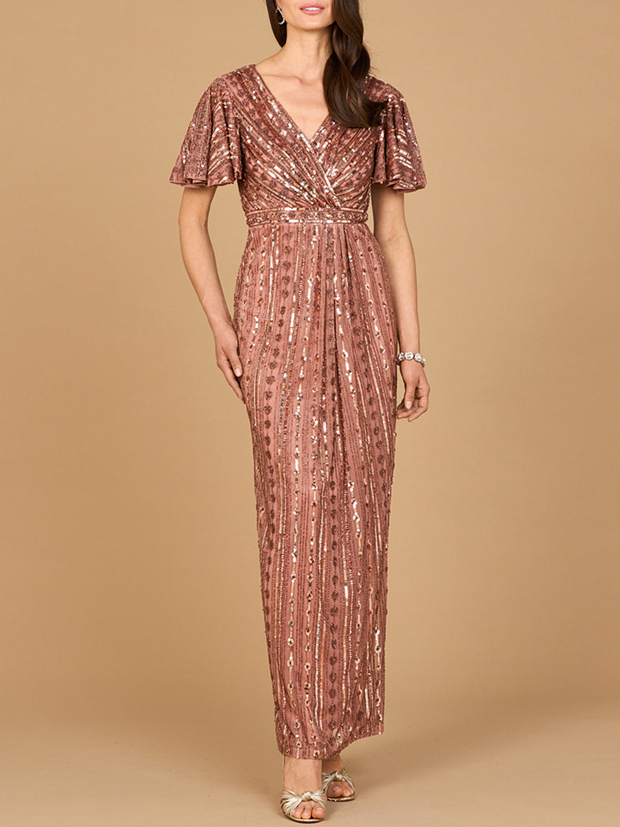 Cute Fully Beaded Gown with Flutter Sleeves Dress