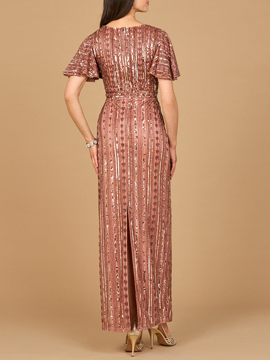 Cute Fully Beaded Gown with Flutter Sleeves Dress