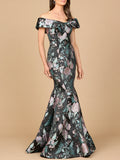 Elegant Fitted Mermaid Brocade Gown Dress