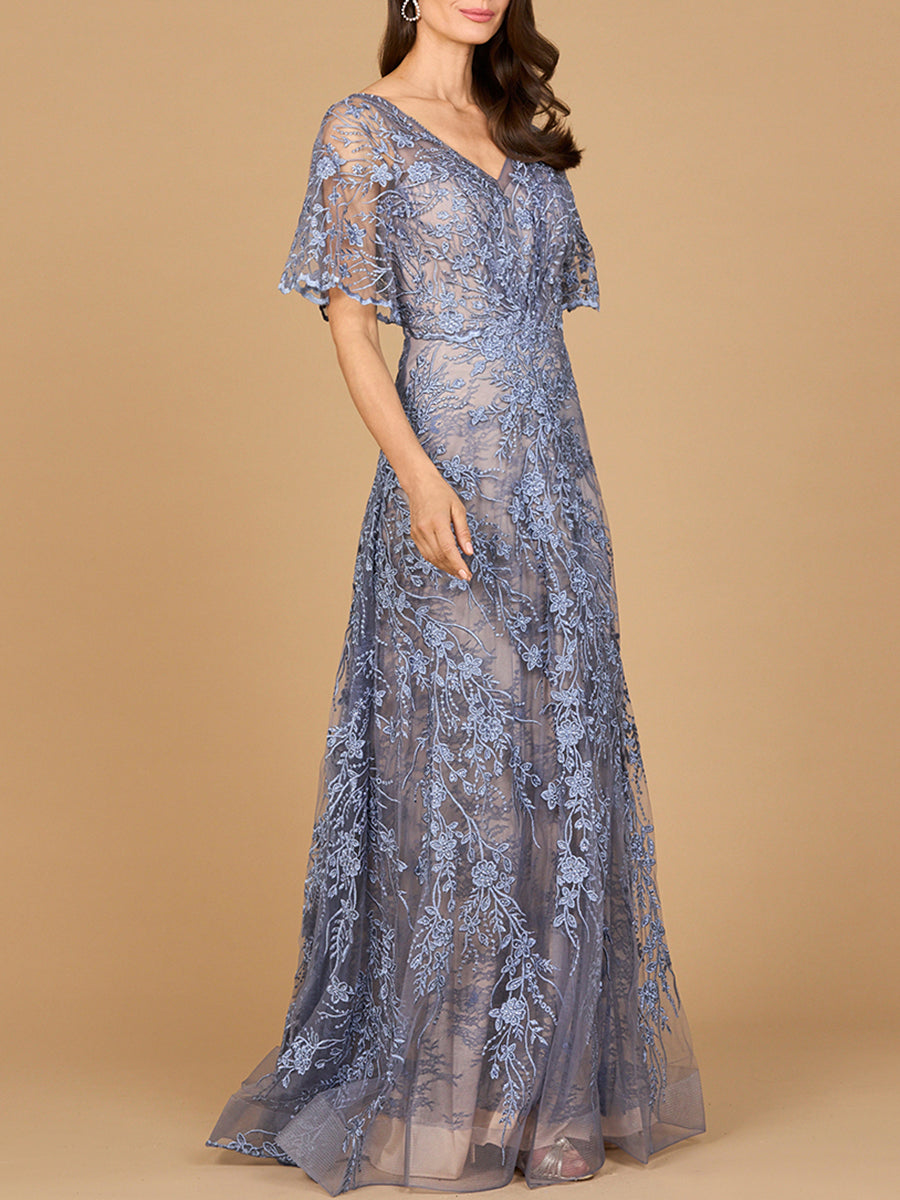 Elegant Cape Sleeve A-line Gown Rhinestones Dress