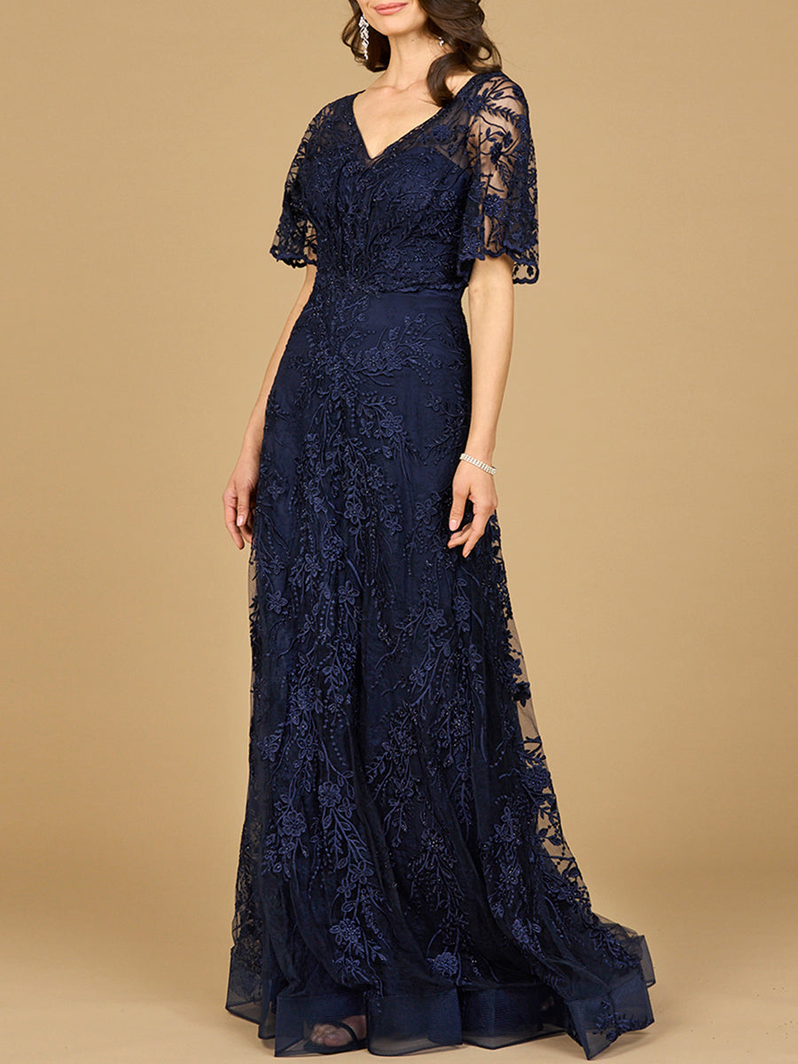 Elegant Cape Sleeve A-line Gown Rhinestones Dress