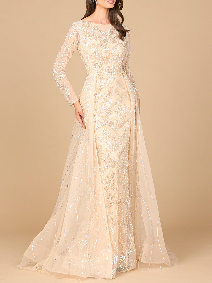 Los Quemaos Long Sleeve Gown with Overskirt & High Neck Dress