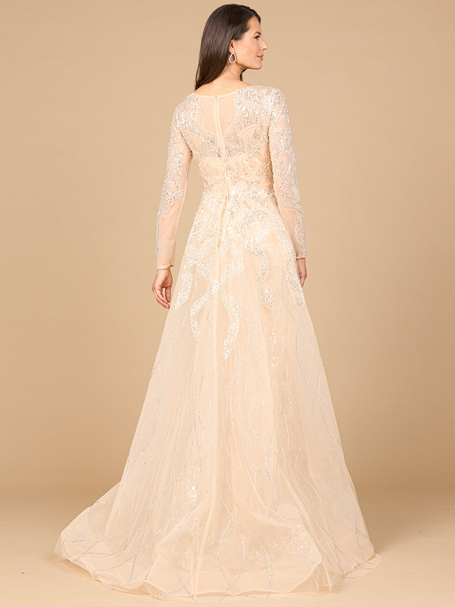 Los Quemaos Long Sleeve Gown with Overskirt & High Neck Dress