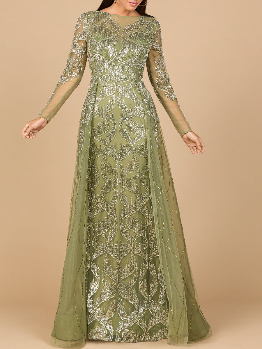 Los Quemaos Long Sleeve Gown with Overskirt & High Neck Dress