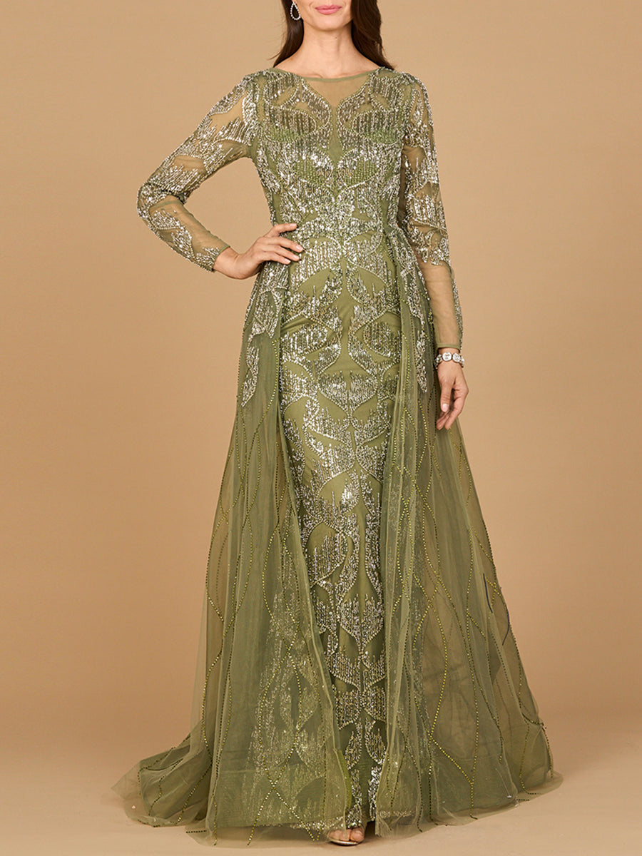 Los Quemaos Long Sleeve Gown with Overskirt & High Neck Dress