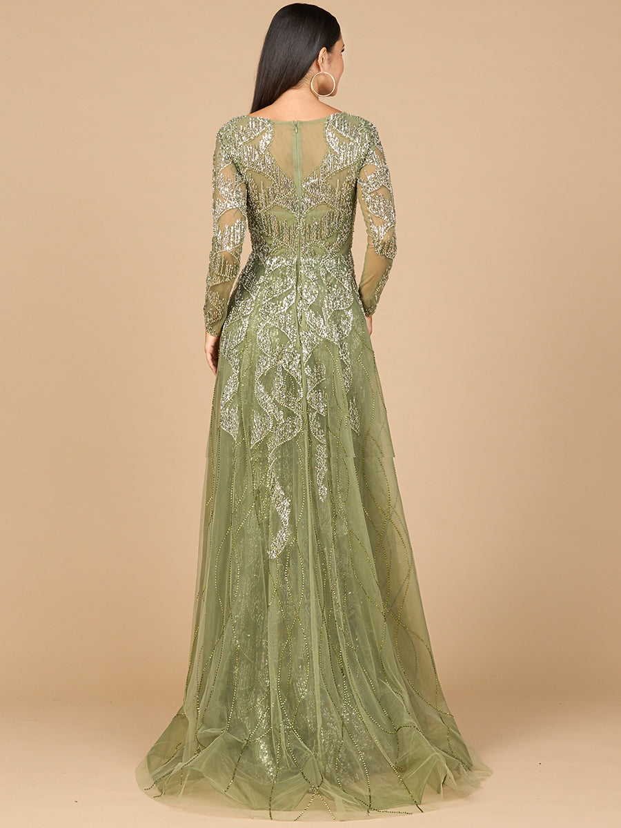 Los Quemaos Long Sleeve Gown with Overskirt & High Neck Dress