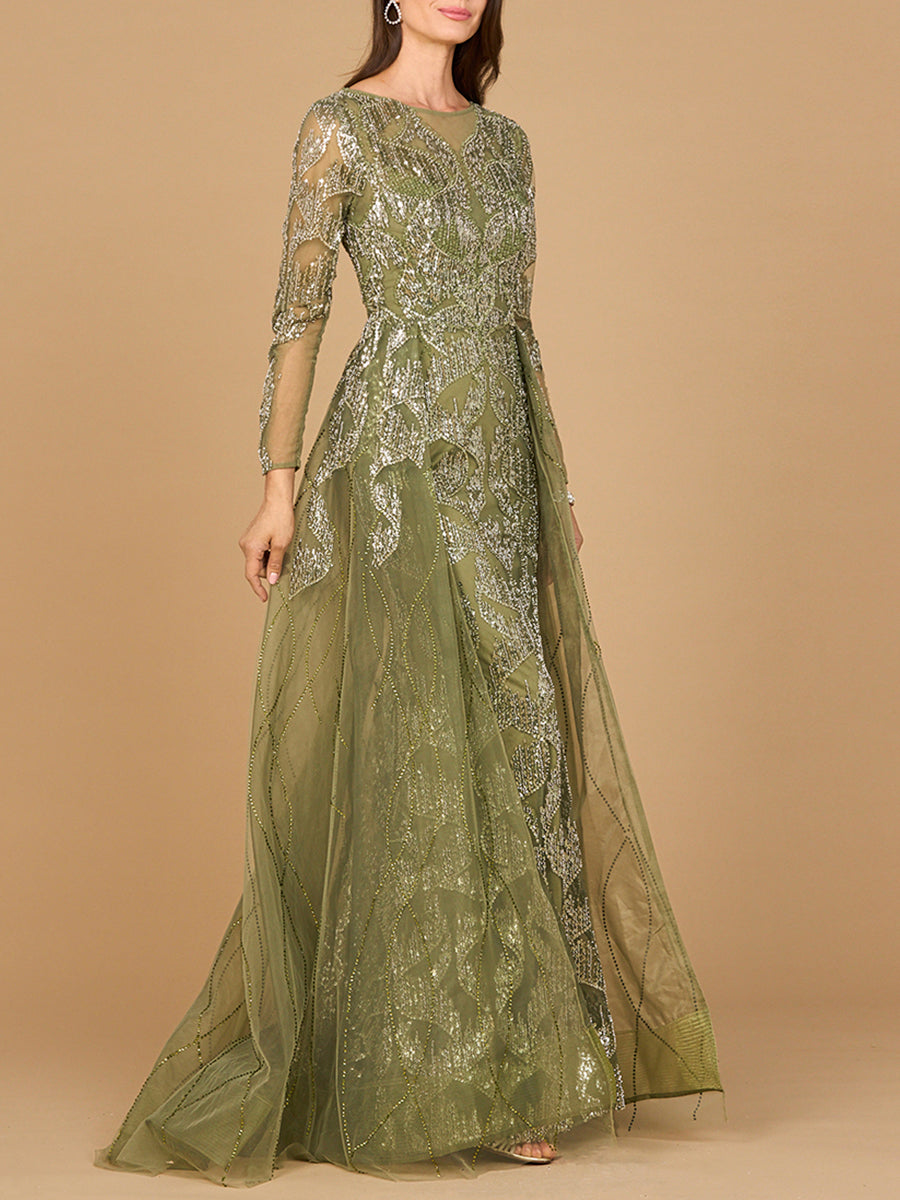 Los Quemaos Long Sleeve Gown with Overskirt & High Neck Dress