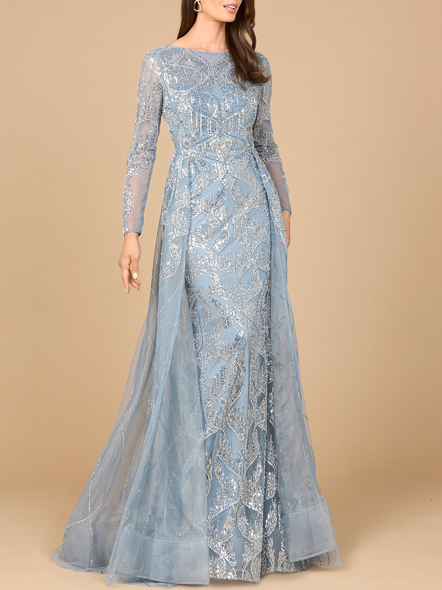Los Quemaos Long Sleeve Gown with Overskirt & High Neck Dress