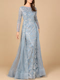 Los Quemaos Long Sleeve Gown with Overskirt & High Neck Dress