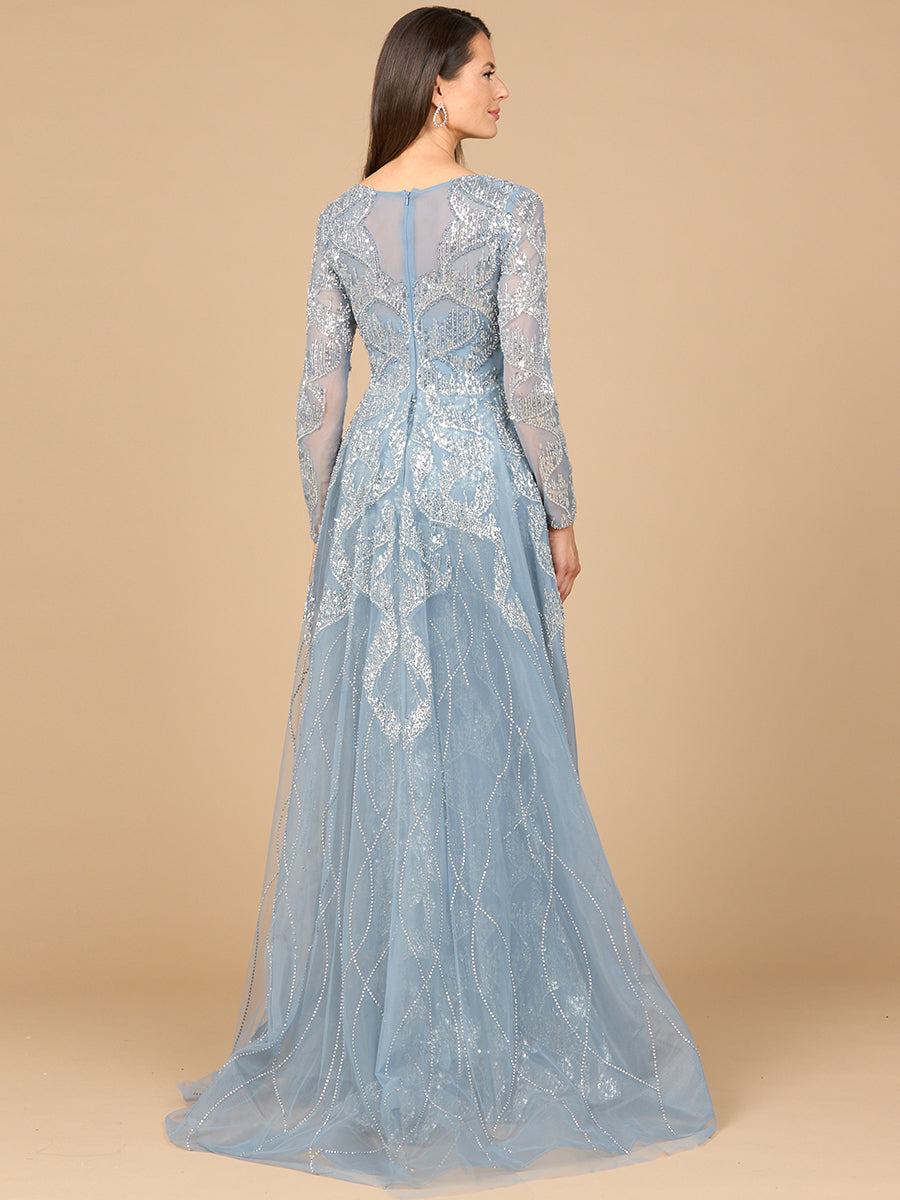 Los Quemaos Long Sleeve Gown with Overskirt & High Neck Dress