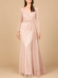 Los Pinos Long Sleeve V-Neck Gown with Drape Dress