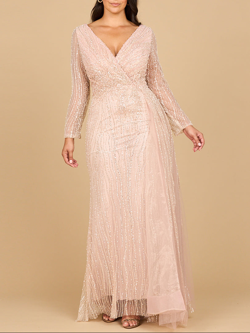 Los Pinos Long Sleeve V-Neck Gown with Drape Dress