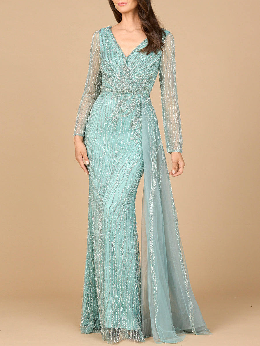 Los Pinos Long Sleeve V-Neck Gown with Drape Dress
