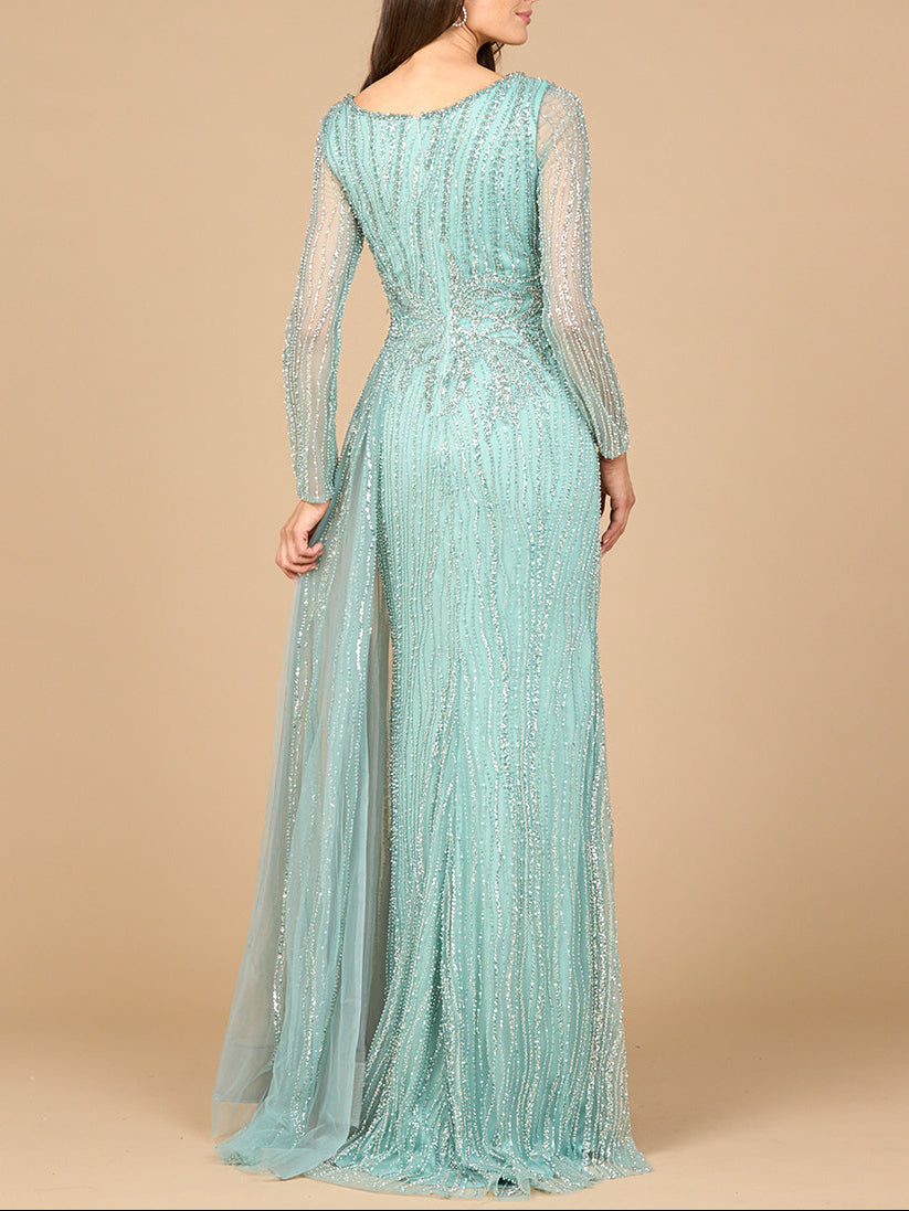 Los Pinos Long Sleeve V-Neck Gown with Drape Dress