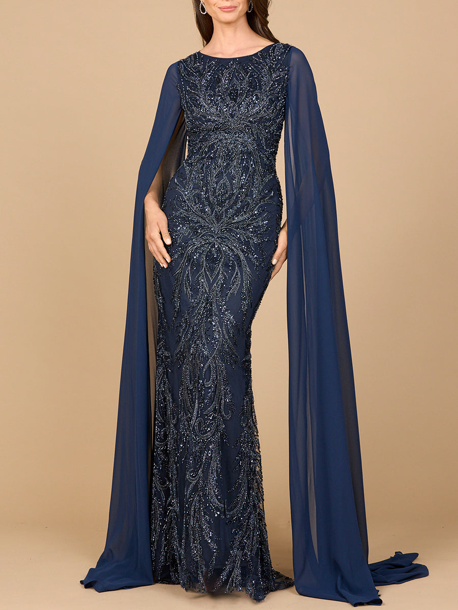 Guayubin High Neck Gown with Chiffon Cape Sleeves Dress