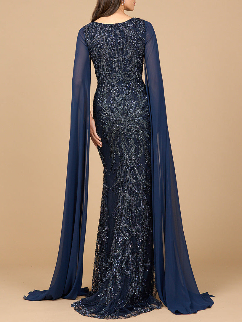 Guayubin High Neck Gown with Chiffon Cape Sleeves Dress