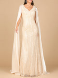 Villa Faro Beaded Gown with Satin Cape Sleeves Dress