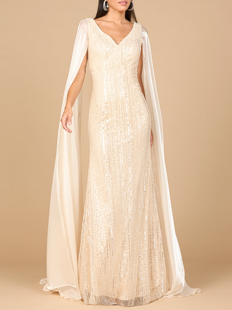 Villa Faro Beaded Gown with Satin Cape Sleeves Dress