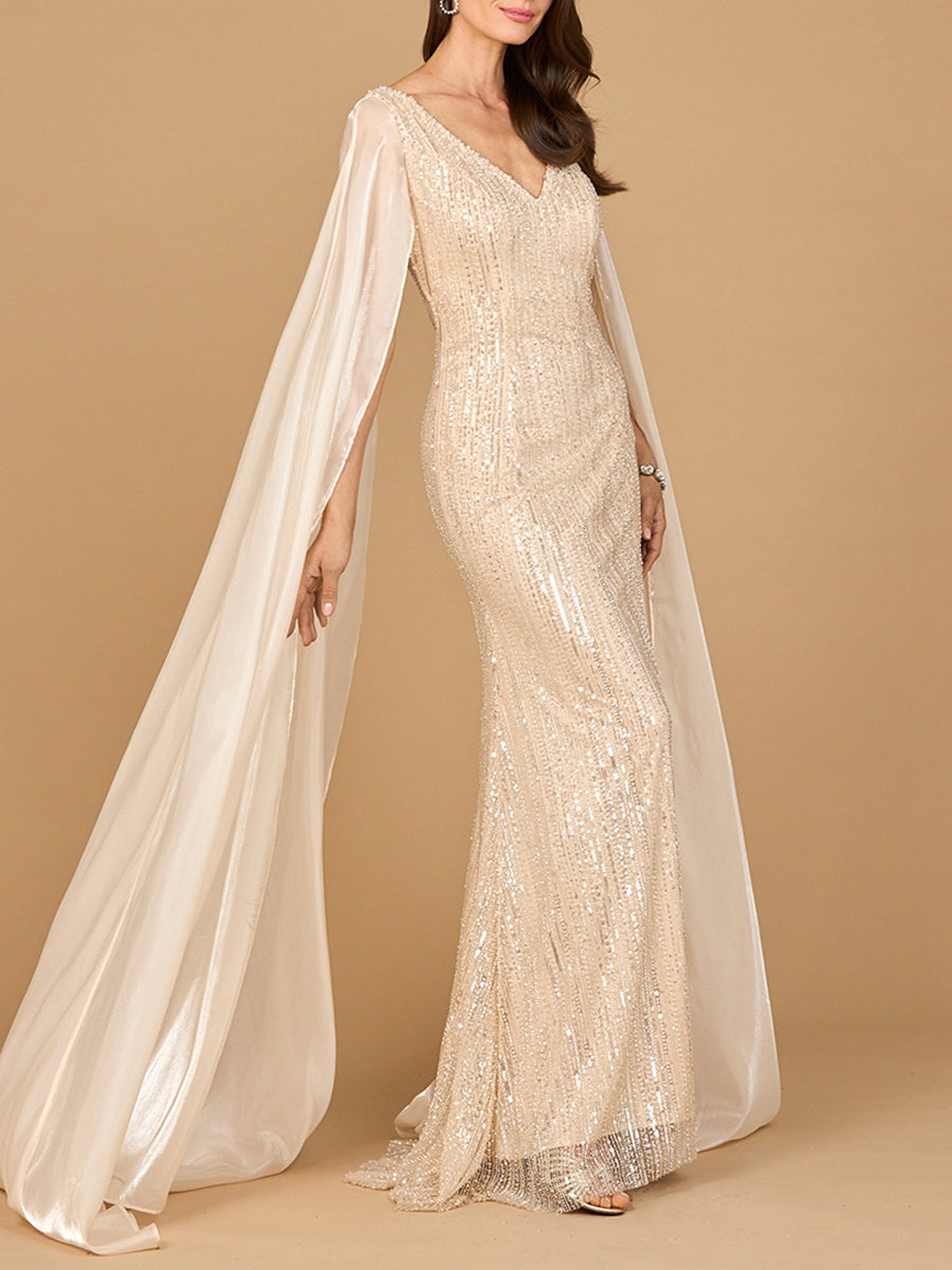 Villa Faro Beaded Gown with Satin Cape Sleeves Dress