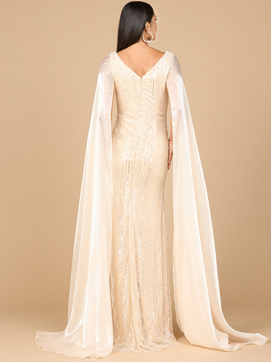 Villa Faro Beaded Gown with Satin Cape Sleeves Dress